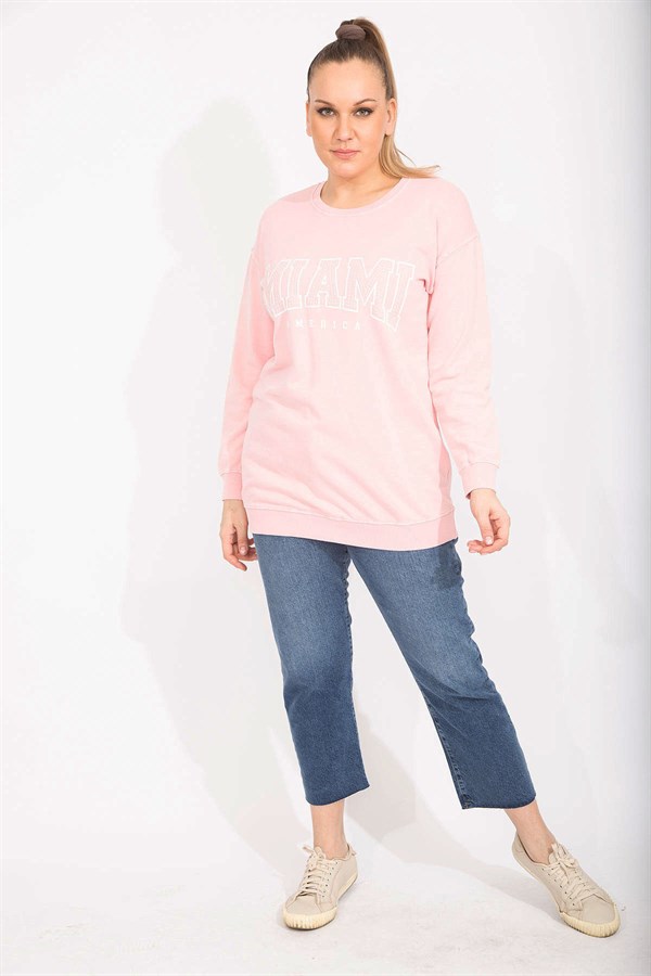 Kadın Pembe Pamuklu Kumaş Taş Ve Baskı Detaylı Sweatshirt 65N35482