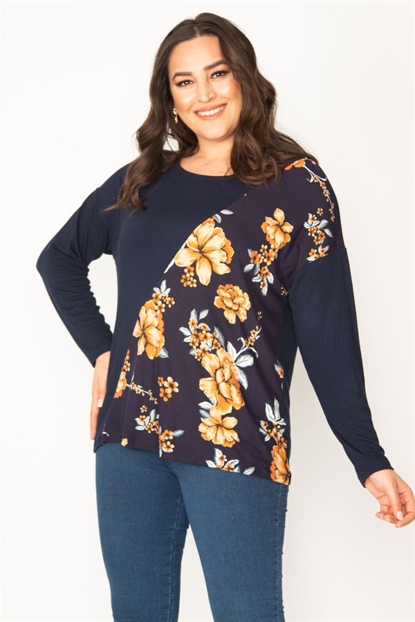 Kadın Lacivert Çieçk Desenli Bisiklet Yaka Tunik 65N30415