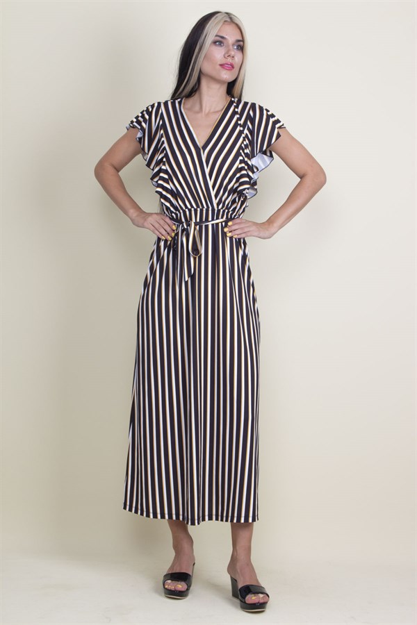 Kadın Siyah Volan Kollu Anvelop Elbise