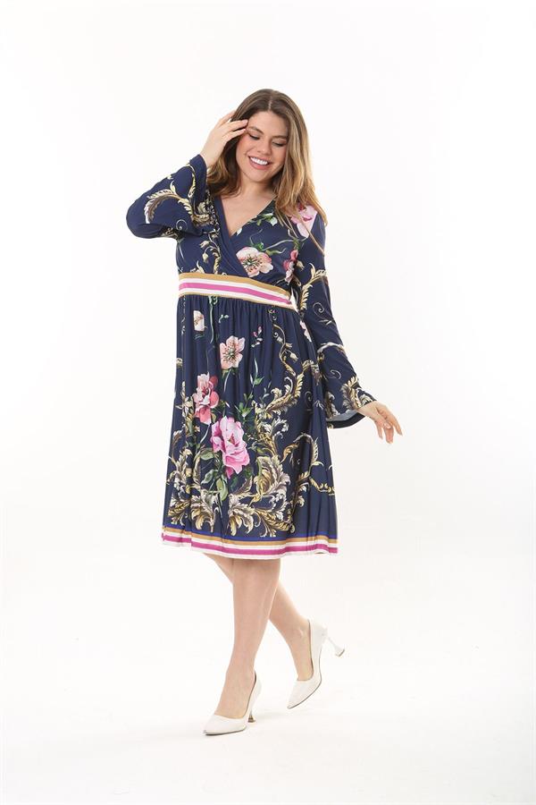 Kadın Büyük Beden Lacivert Anvelop Yakalı Bel Büzgülü Uzun Elbise 65N37550