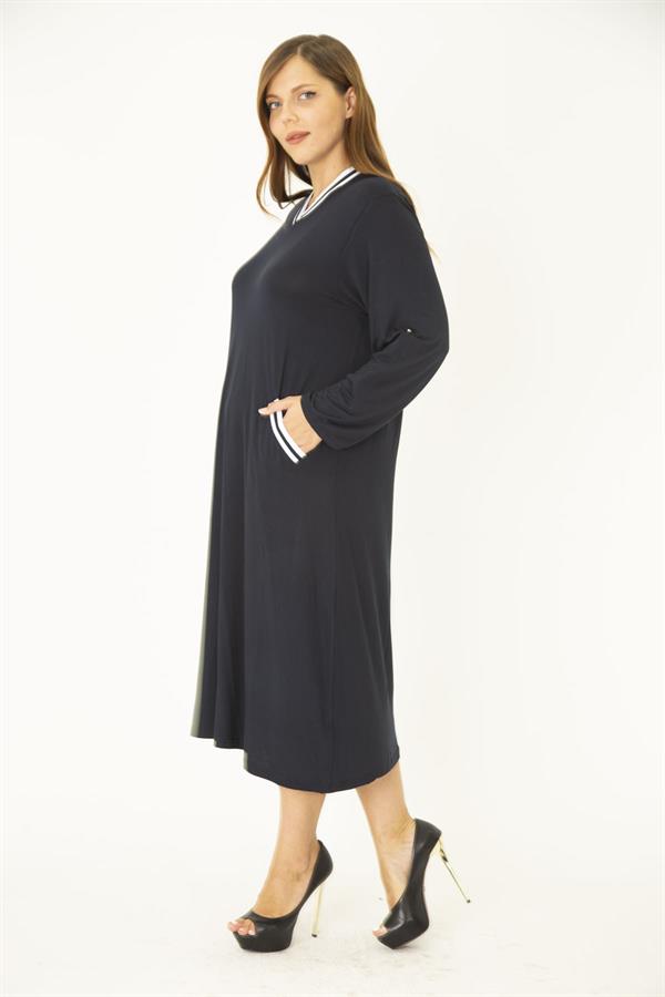 Kadın Büyük Beden Lacivert Ribana Detaylı V Yakalı Kol Boy Ayarlı Cepli Elbise 65N36829