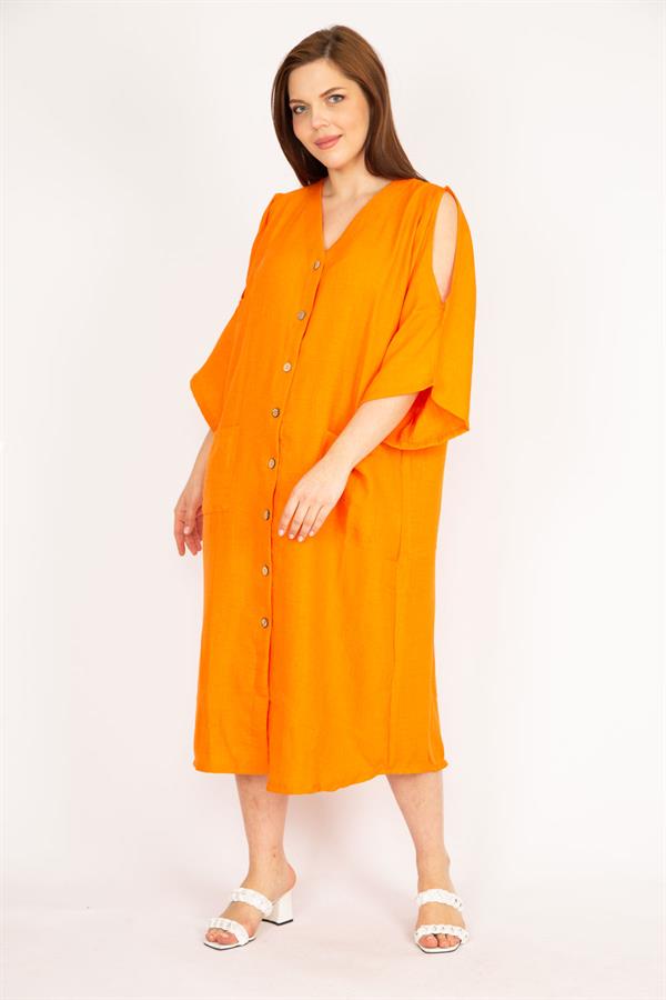 Kadın Camel Büyük Beden Omuz Dekolteli Ön Düğmeli Elbise