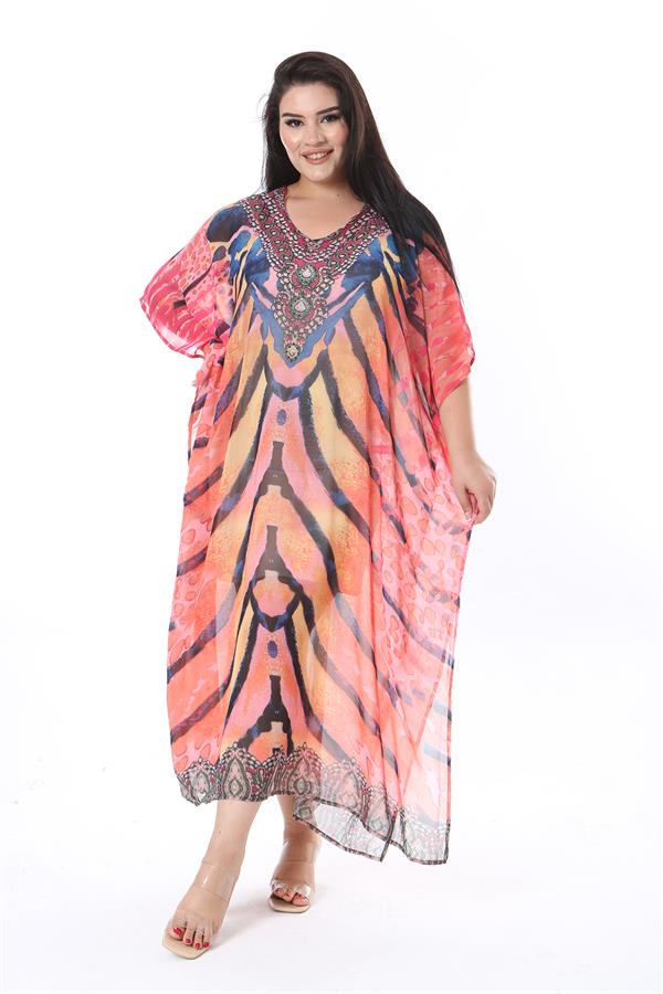 Kadın Büyük Beden Renkli Taş Detaylı Astarsız Şifon Kap 65N38322