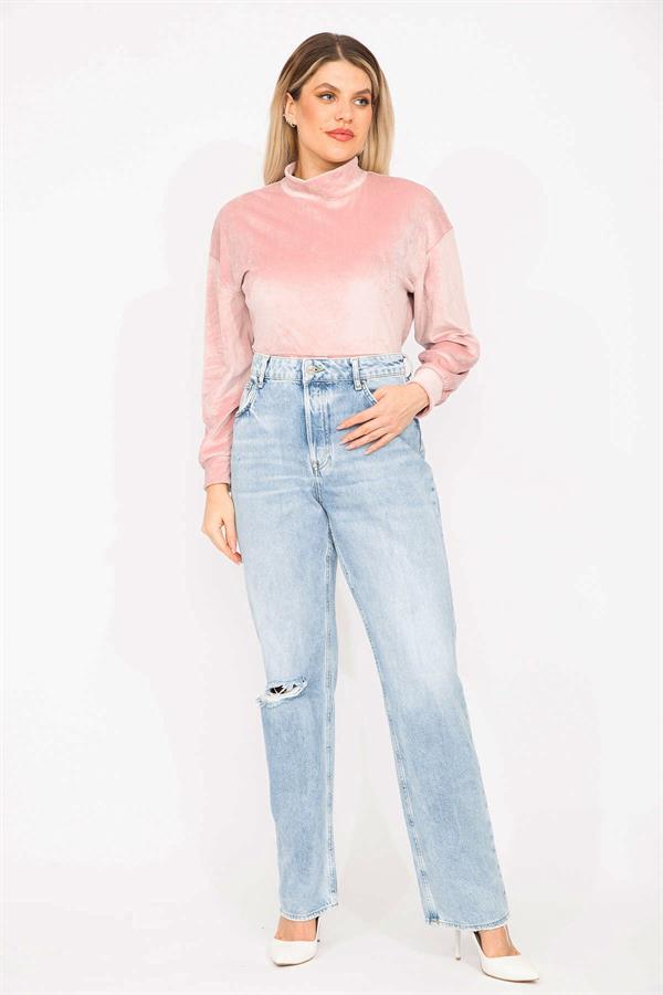 Kadın Büyük Beden Mavi Yıkama Efektli Yırtık Detaylı Yüksek Bel Kot Pantolon 65N37274