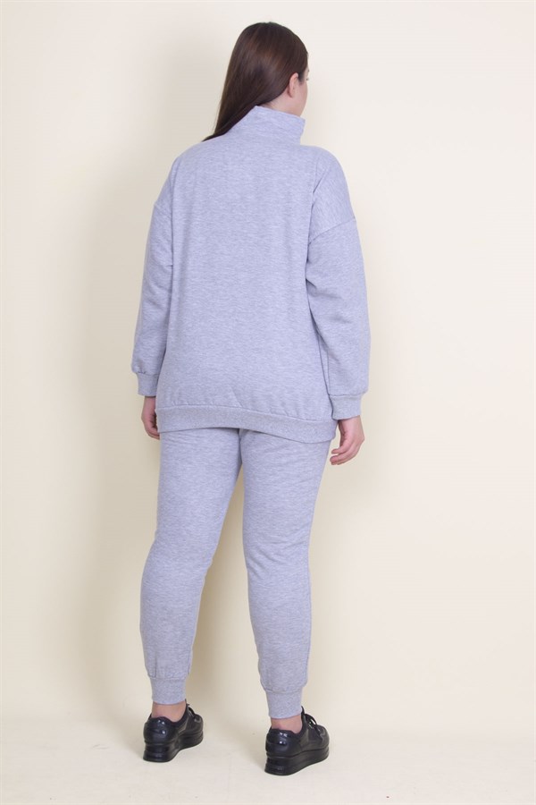 Kadın Gri Pat Fermuar Detaylı Şardonlu Baskılı Eşofman Takım 65N21019