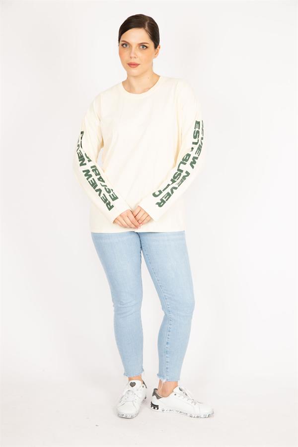 Kadın Bej Büyük Beden Kol Baskılı Sweatshirt