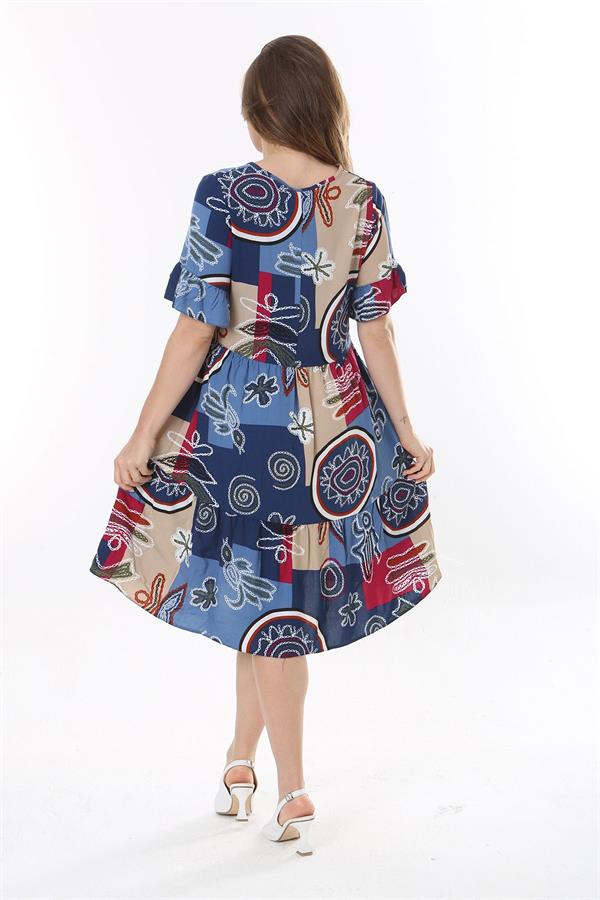 Kadın Büyük Beden Mavi Dokuma Viskon Kumaş Kısa Kollu Katlı Elbise 65N37762