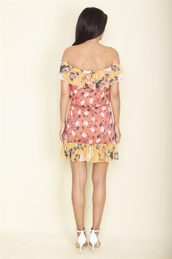 WOMEN'S SALMON FLORAL PATTERNED FLOORN DETAILED LINED DRESS