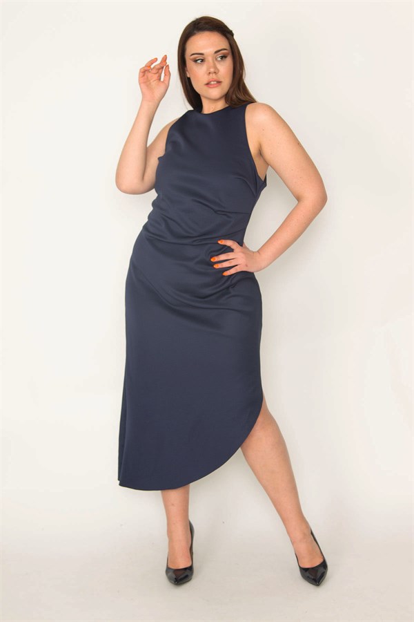 ROBE BLEU MARINE POUR FEMME AVEC PLIS À LA TAILLE ET FERMETURE ÉCLAIR DOS CACHÉE