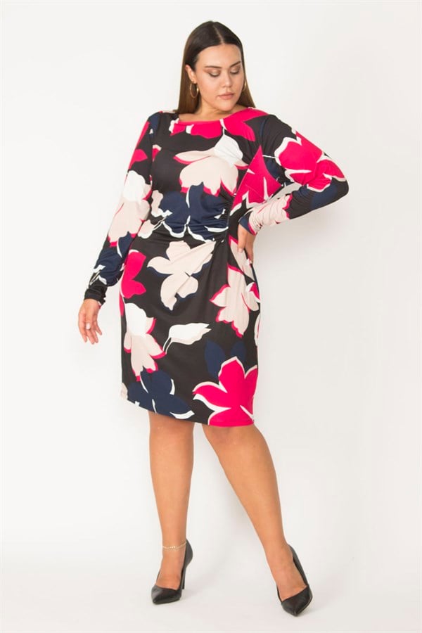 KADIN BEL DETAYLI BİSİKLET YAKALI UZUN KOLLU RENKLİ JARSE ELBİSE