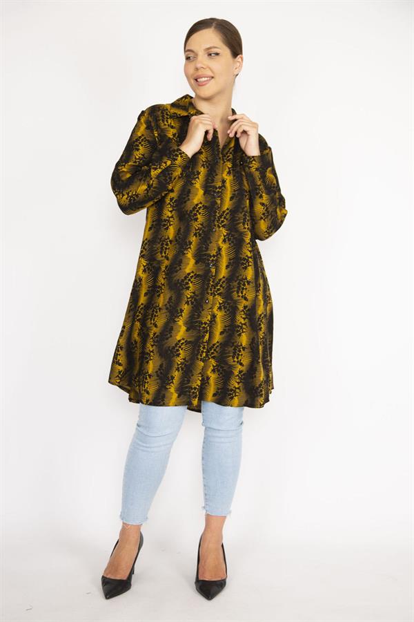 Kadın Büyük Beden Hardal Ön Düğmeli Uzun Kollu Gömlek