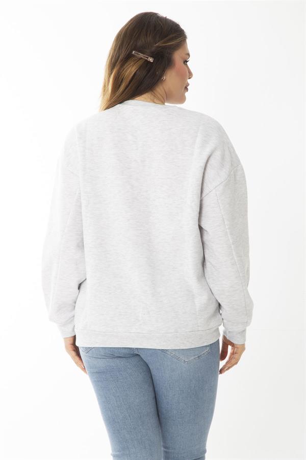 Women's Plus Size Gray Embroidered Print Detailed Swatshirt 65N37010