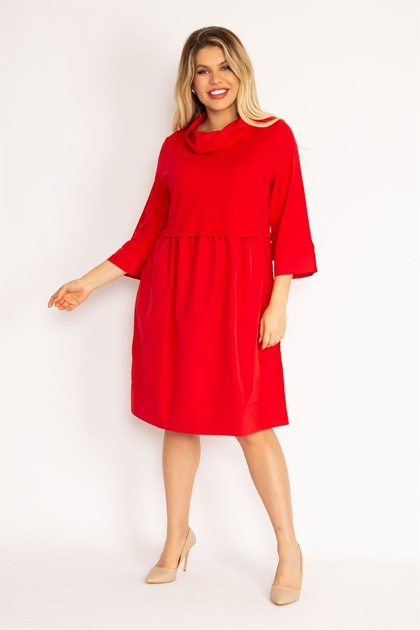 Kadın Kırmızı Dik Yakalı Etek Kısmı Yaka Ve Kol Ağzı Sıvama Kumaş Elbise 65N35038