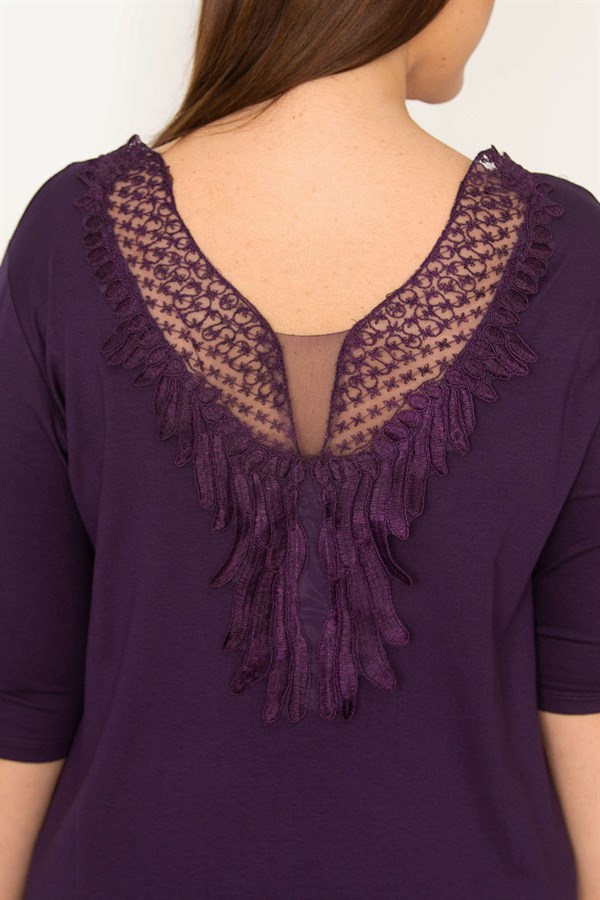 KADIN MOR YAKASI TÜL VE DANTEL DETAYLI ELBİSE