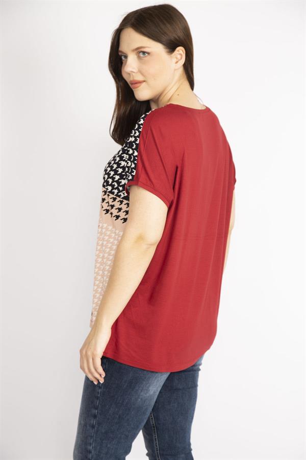 Kadın Renkli Büyük Beden Önü Kazayağı Desenli Bluz