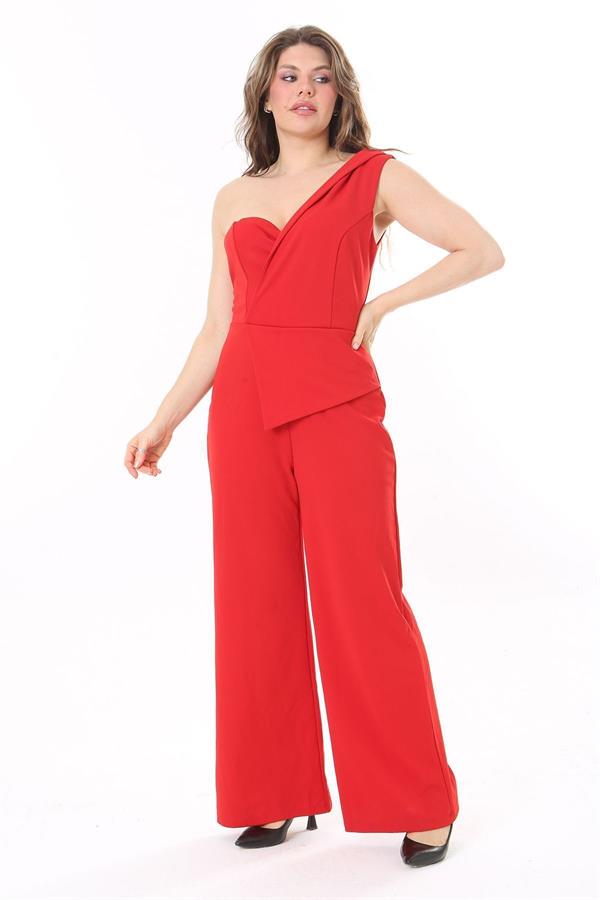 Kadın Büyük Beden Kırmızı Likralı Krep Kumaş Tek Omuz Ve Bel Detaylı Tulum 65N37954