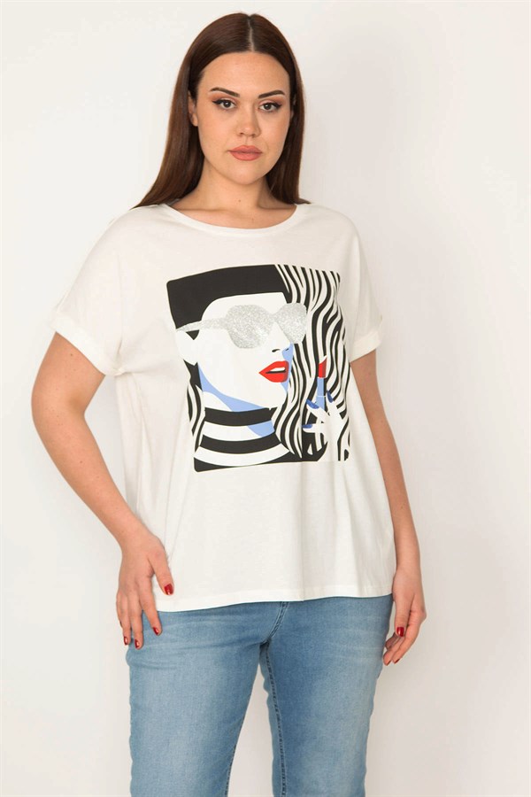 KADIN BEYAZ PAMUKLU KUMAŞ SİM VE BASKI DETAYLI BLUZ