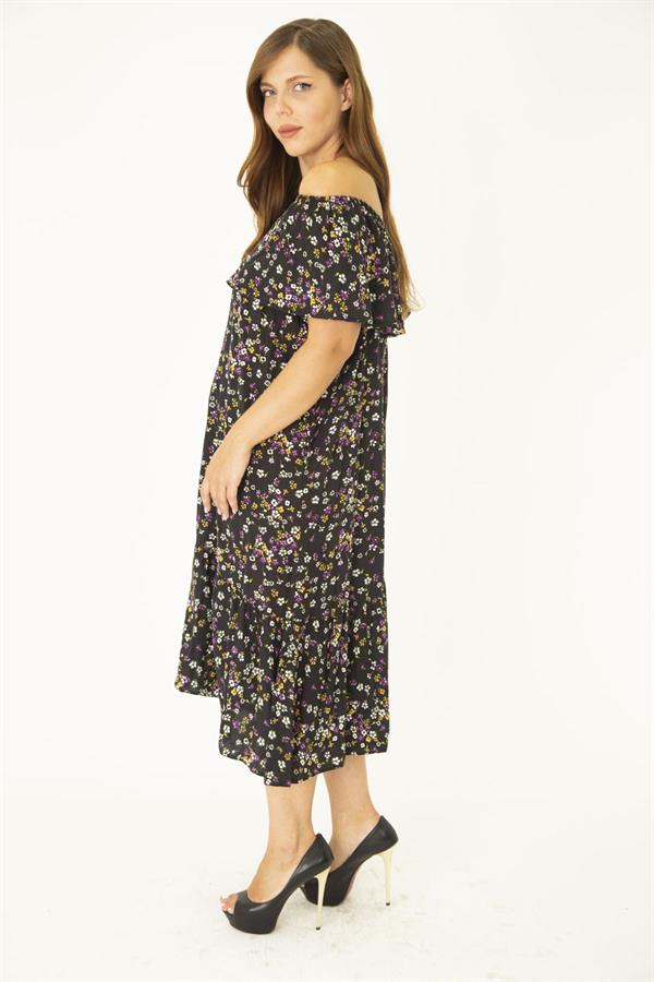 Kadın Büyük Beden Renkli Dokuma Viskon Kumaş Yakası Lastik Ve Volan Detaylı Elbise 65N36916