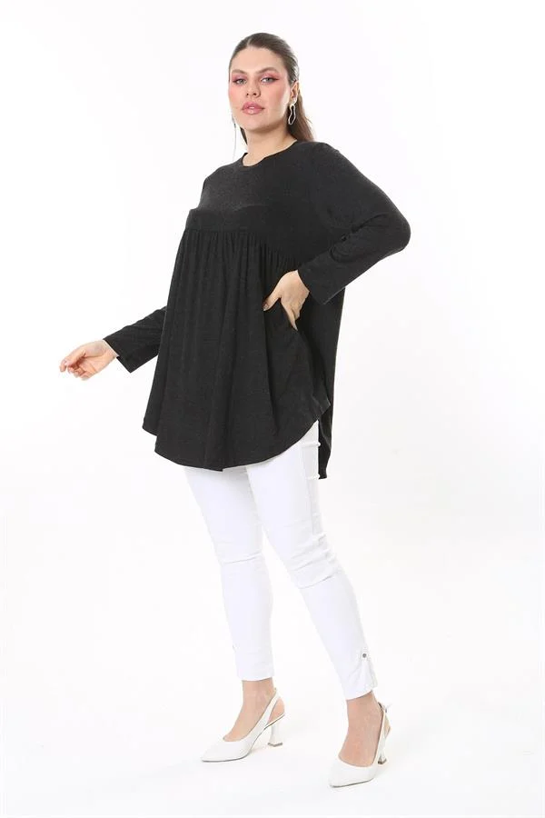 Kadın Büyük Beden Antrasit Göğüs Büzgü Detaylı Uzun Kollu Tunik 65N37687