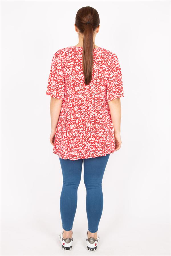 Kadın Kırmızı Büyük Beden Önü A Pileli V Yakalı Tunik
