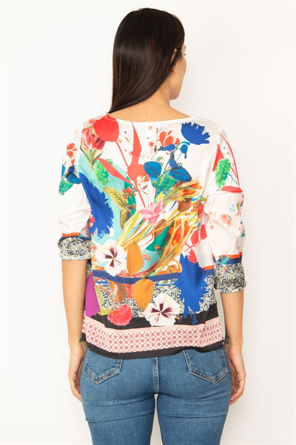 BLOUSE COLORÉE À COL RAS DU COU À MOTIF FLEURI POUR FEMME