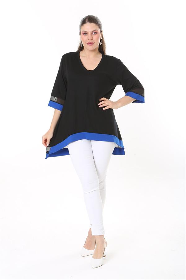 Kadın Büyük Beden Kemik Kol Ve Etek Ucu Tül Ve Garni Detaylı V Yakalı Arkası Uzun Tunik 65N37681