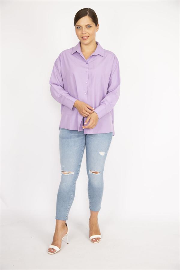 Kadın Büyük Beden Lila Poplin Kumaş Ön Düğmeli Yan Yırtmaçlı Uzun Kollu Gömlek 65N36798