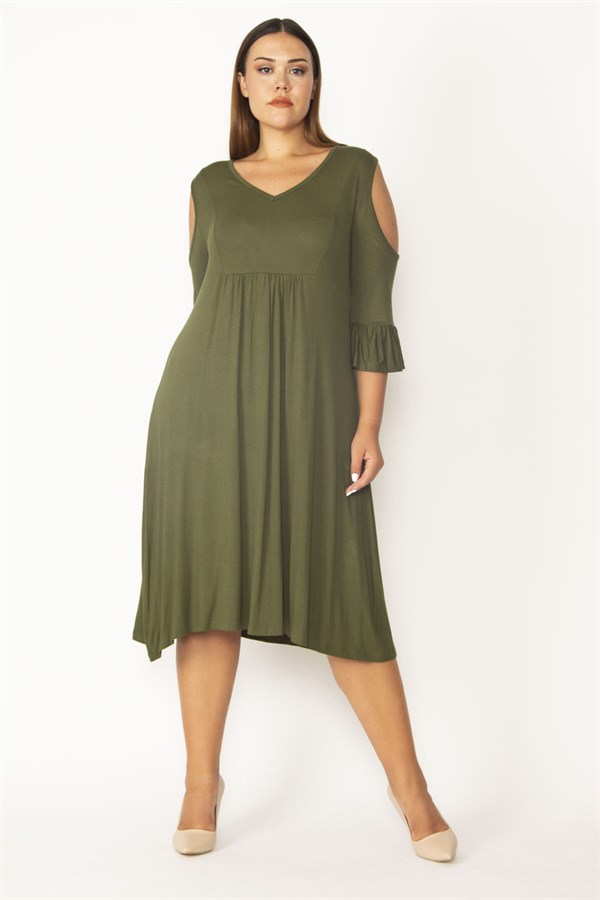 Kadın Haki Omuz Dekolteli Göğüs Büzgü Ve Kol Volan Detaylı Viskon Elbise 65N27447