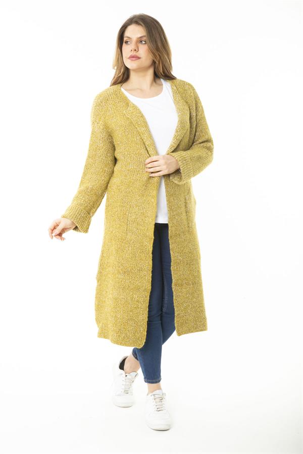 Kadın Büyük Beden Safran Yırtmaçlı Kalın Triko Uzun Hırka 65N37142