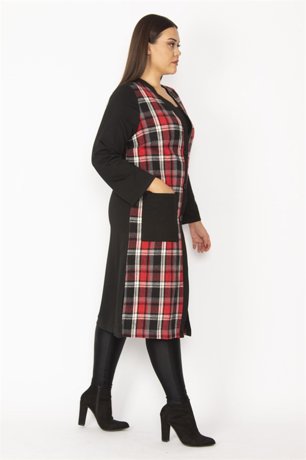 Kadın Gri Ekose Desenli Ön Boy Düğme Ve Cepli Kap 65N28487