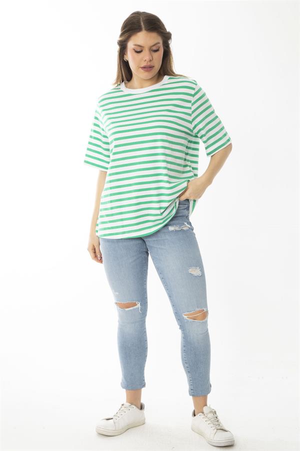 Kadın Büyük Beden Yeşil Bisiklet Yakalı Çizgili Bluz 65N37022