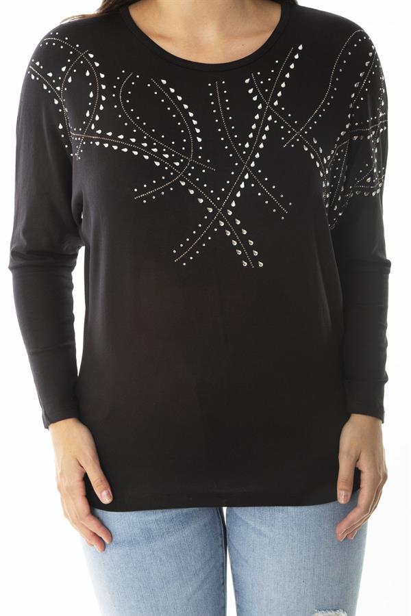 Kadın Büyük Beden Siyah Taş Detaylı Yarasa Kol Bluz 65N36862