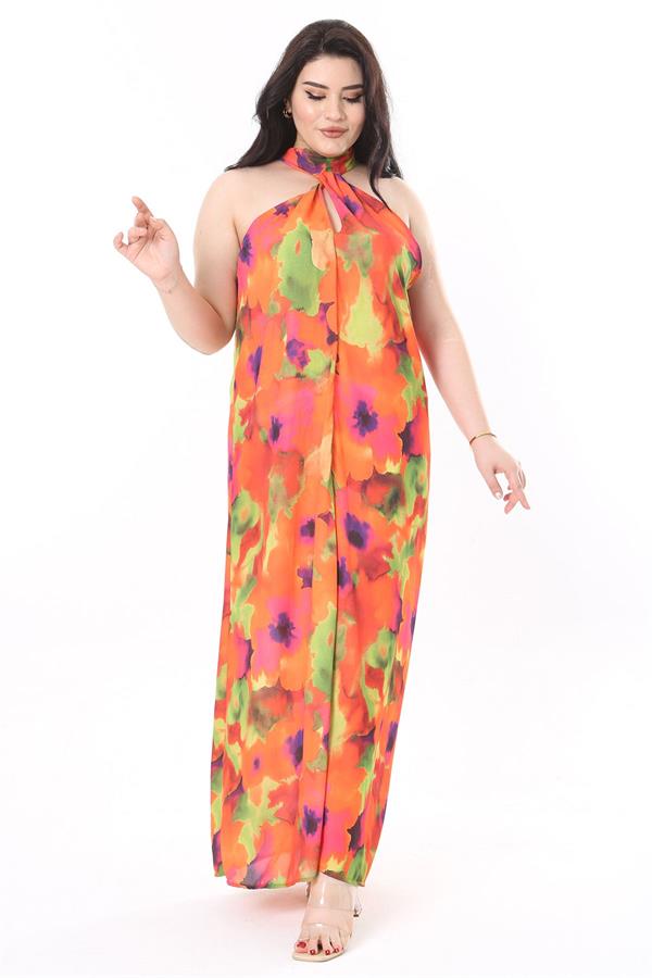 Kadın Büyük Beden Renkli Boyundan Bağlamalı Astarsız Krep Elbise 65N37940