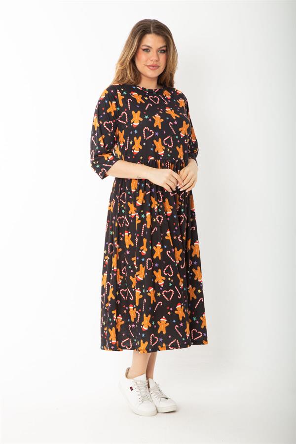 Kadın Büyük Beden Siyah Noel Desenli Belden Büzgülü Kapri Kollu Elbise 65N37427
