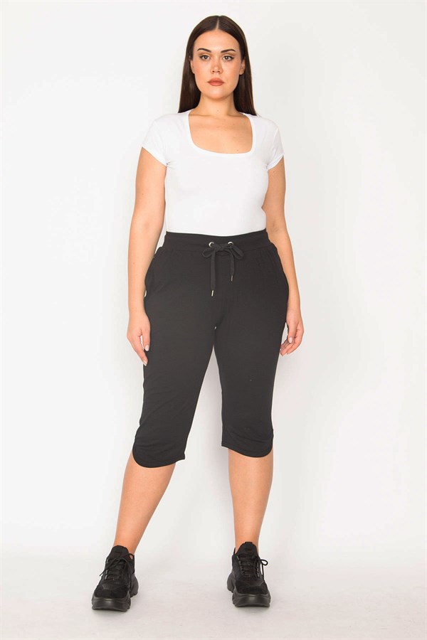 Capri en coton noir pour femme, avec œillets et taille élastique, poches, 65N29527