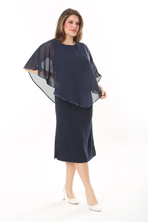 Kadın Büyük Beden Lacivert Şifon Pelerinli Elbise 65N37910