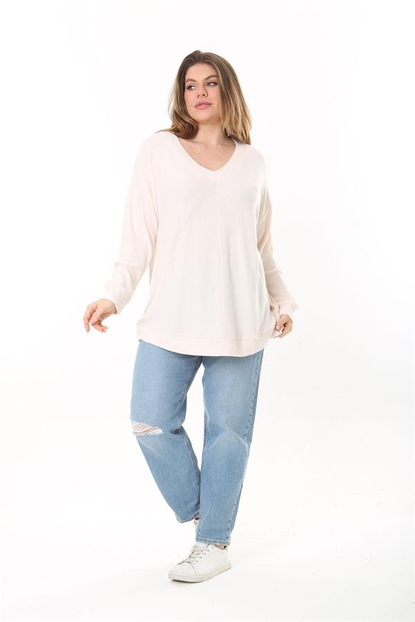 Kadın Büyük Beden Pudra V Yakalı Kendinden Çizgili Uzun Kollu Tunik 65N37527