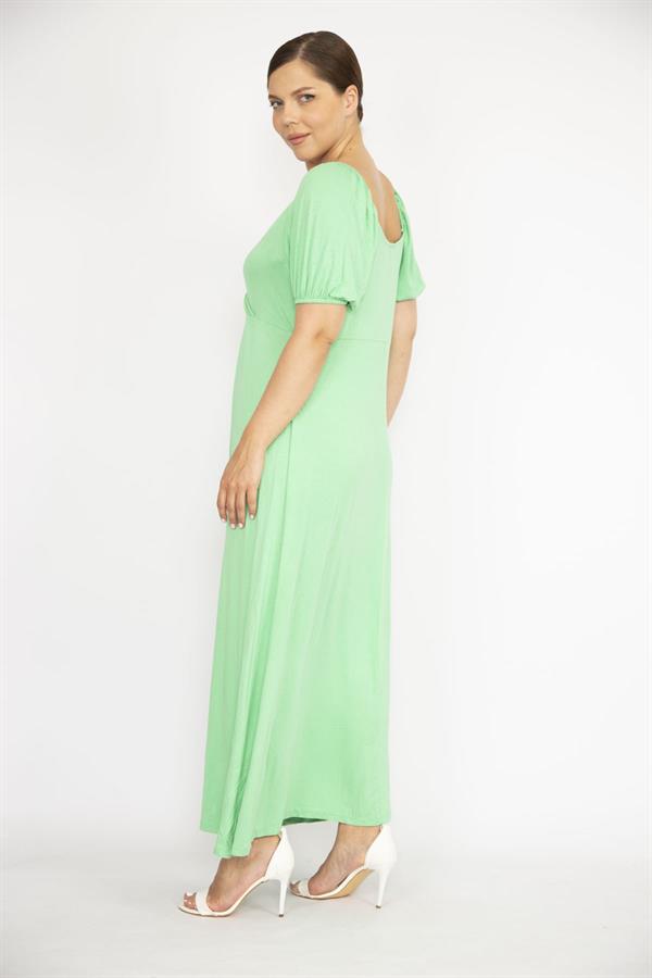 Kadın Büyük Beden Yeşil Omuz Ve Kol Ağzı Lastik Detaylı Anvelop Yakalı Elbise