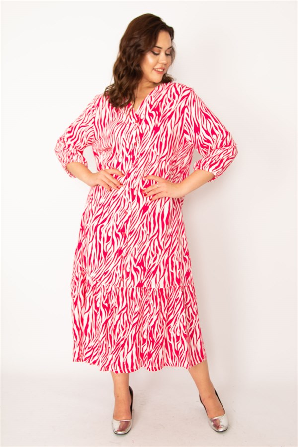 Kadın Fujya Dokuma Viskon Kumaş Ön Düğmeli Etek Ucu Katlı Elbise 65N33531