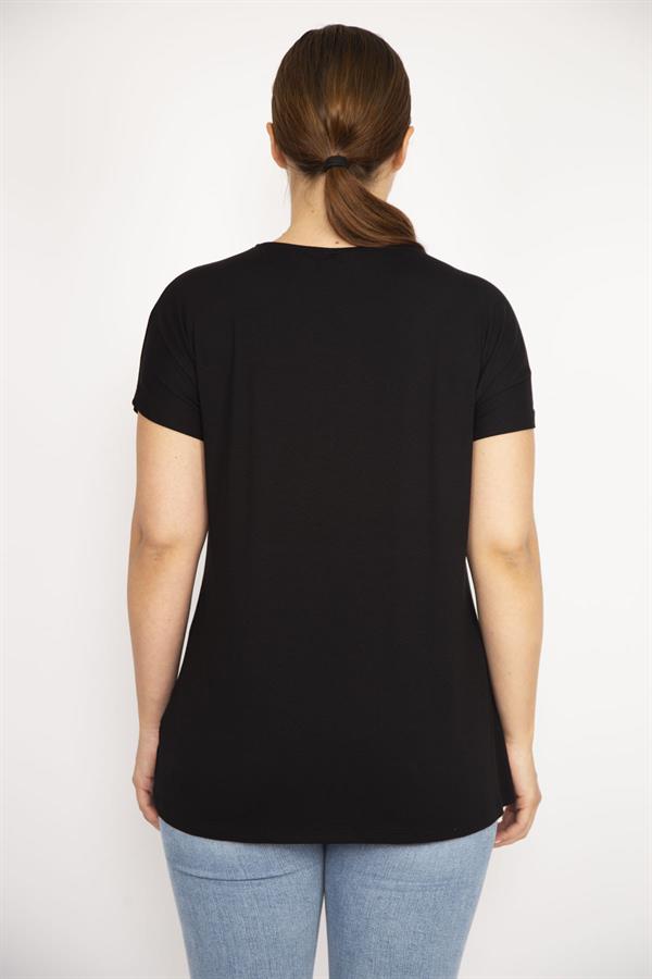 Kadın Siyah Büyük Beden Bisiklet Yakalı Kısa Kollu Arkası Uzun Bluz