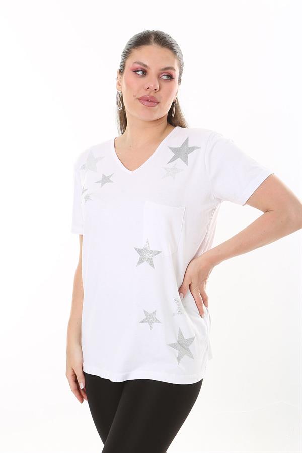 Kadın Büyük Beden Beyaz Taş Detaylı V Yaka Göğüs Cepli Kısa Kollu Bluz 65N37678