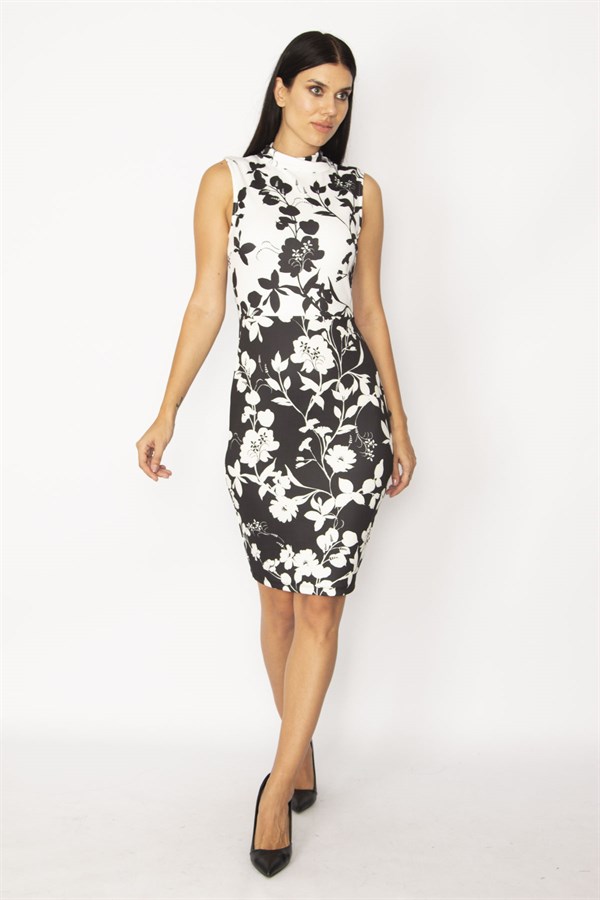 KADIN SİYAH BALIKÇI YAKA ÇİÇEK DESENLİ ELBİSE