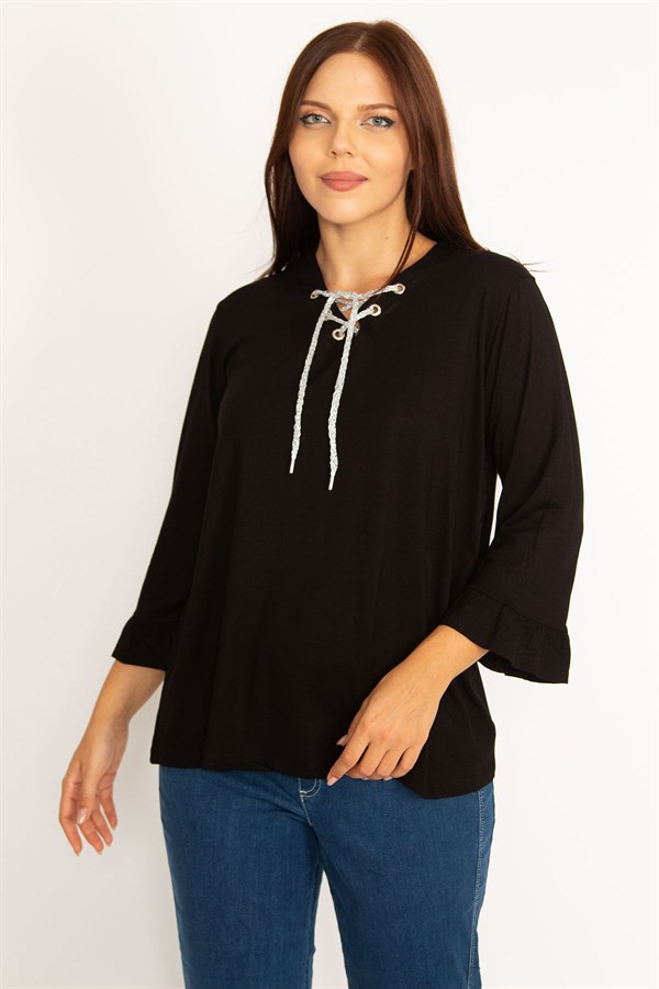 Kadın Bordo Yakası Kuşgözü Bağcık Detaylı Kol Ağzı Fırfır Büzgülü Bluz 65N34648