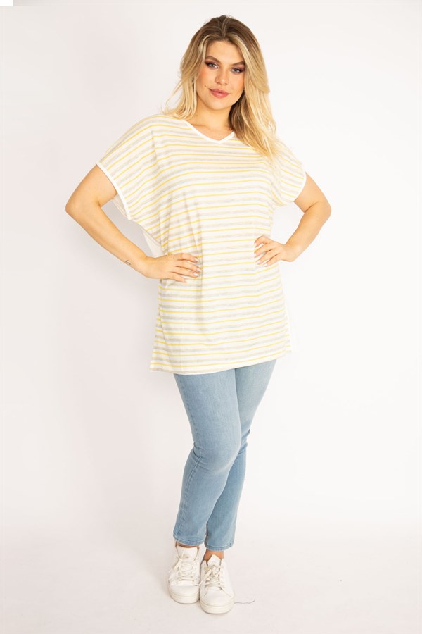 Kadın Kemik Ön Çizgili Arkası Düz Düşük Kollu Viskon Bluz 65N34914