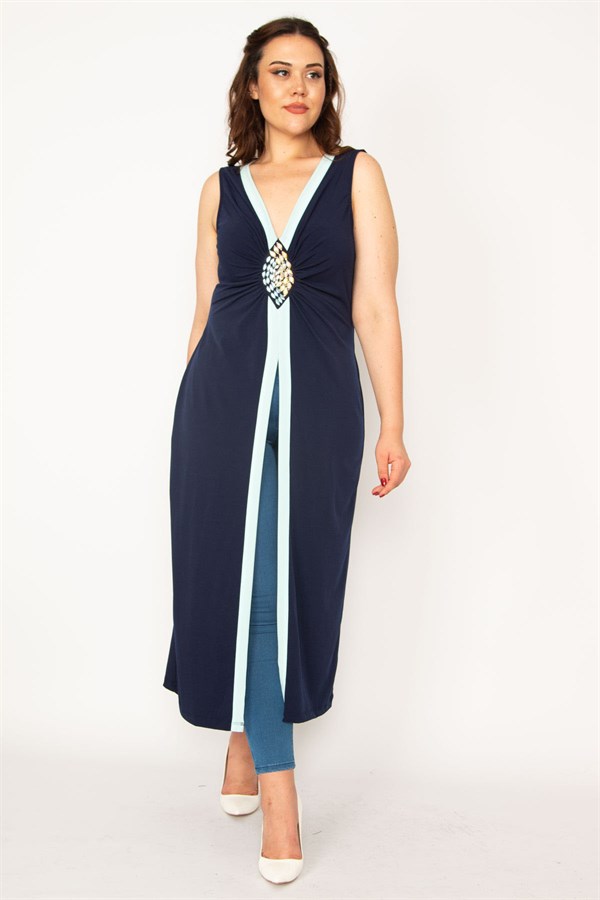 Kadın Lacivert Göğsü Taş Detaylı Kap 65N33205