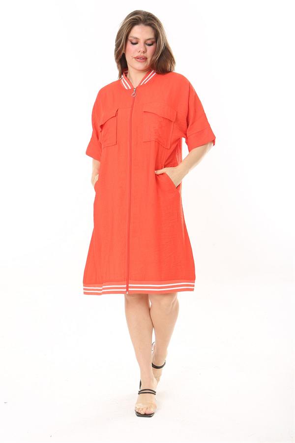 Kadın Büyük Beden Nar Ön Fermuarlı Ribana Detaylı Aerobin Kumaş Elbise 65N37880