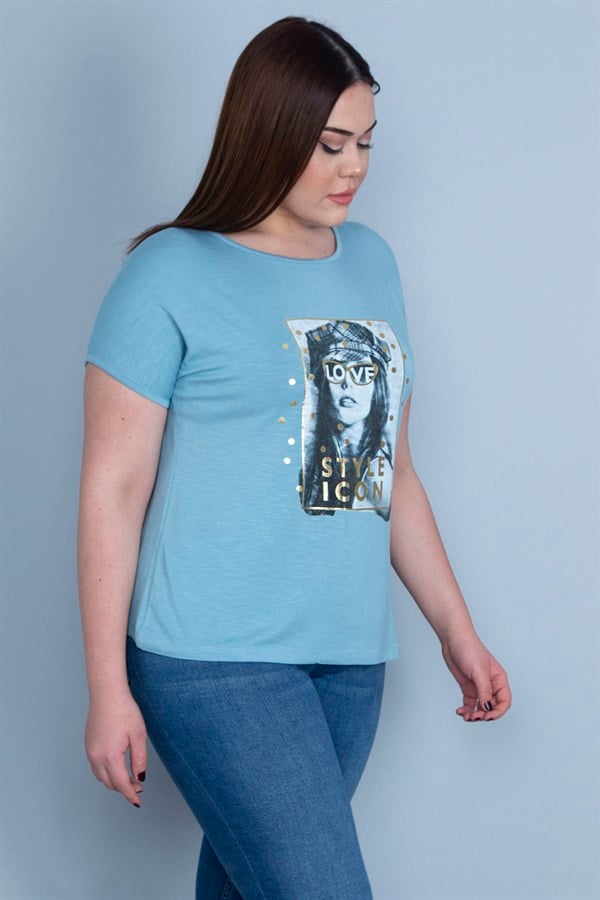 Kadın Mavi Lak Baskılı Düşük Kol Bluz 65N22983