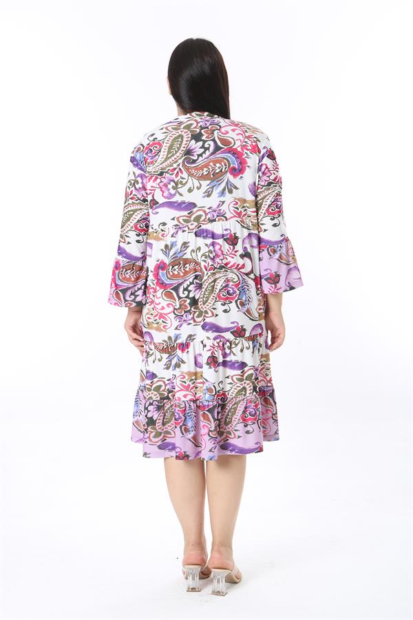 Kadın Büyük Beden Lila Ön Patı Düğmeli Volan Kollu Etek Ucu Katlı Elbise 65N38484