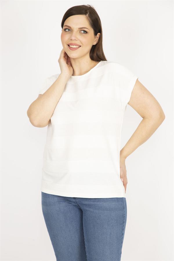 Kadın Kemik Büyük Beden Kendinden Desenli Duble Kol Bluz