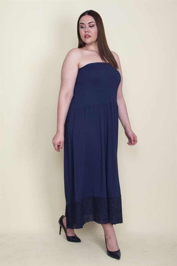 Kadın Lacivert Etek Ucu Dantel Göğüs Kısmı Gipe Lastikli Elbise 65N26128